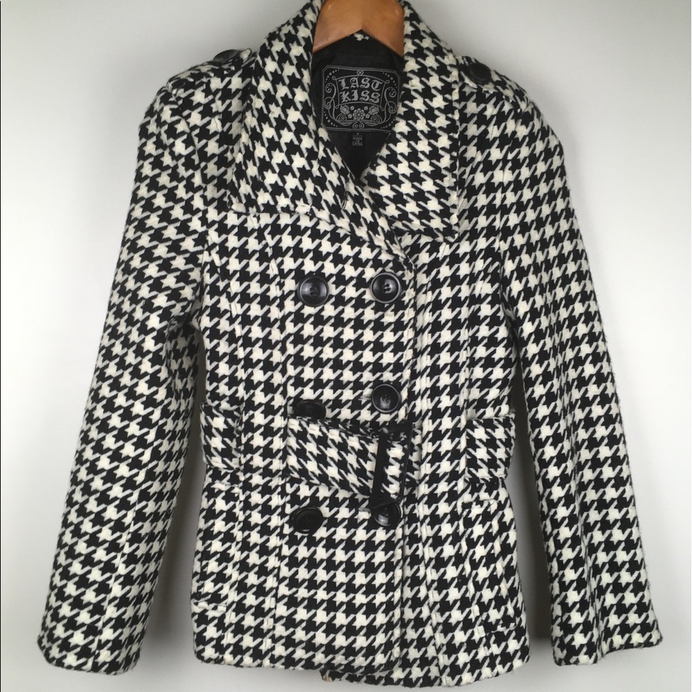Hot Kiss Houndstooth Belted Black & White Pea Coat Size Small